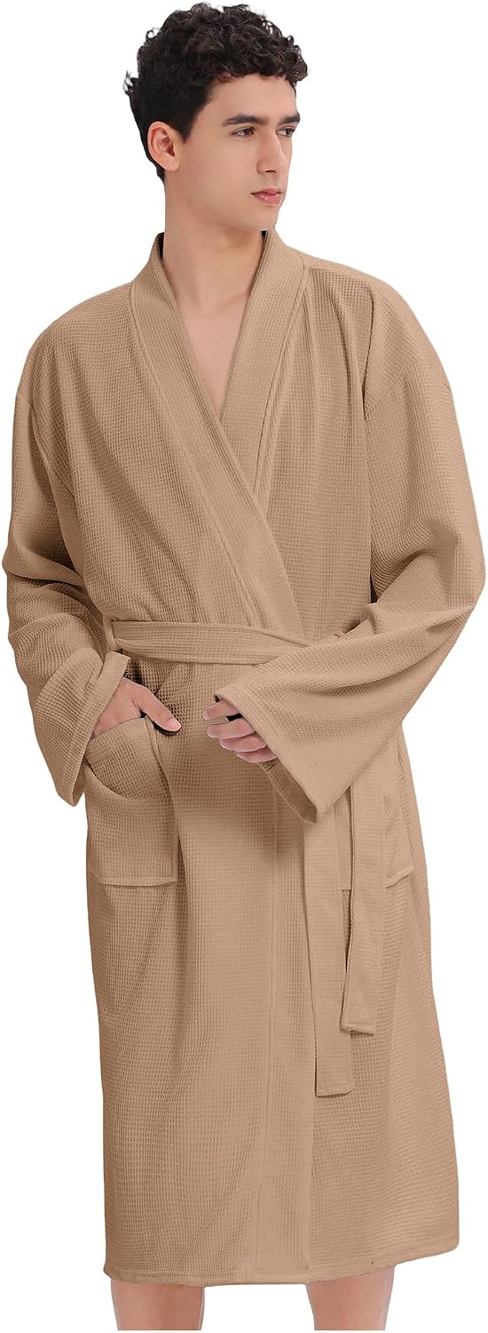 Mens Waffle Robe Spa Kimono Bathrobe Lightweight Shower Bath Robe Knee-Length Hotel Spa Robe
