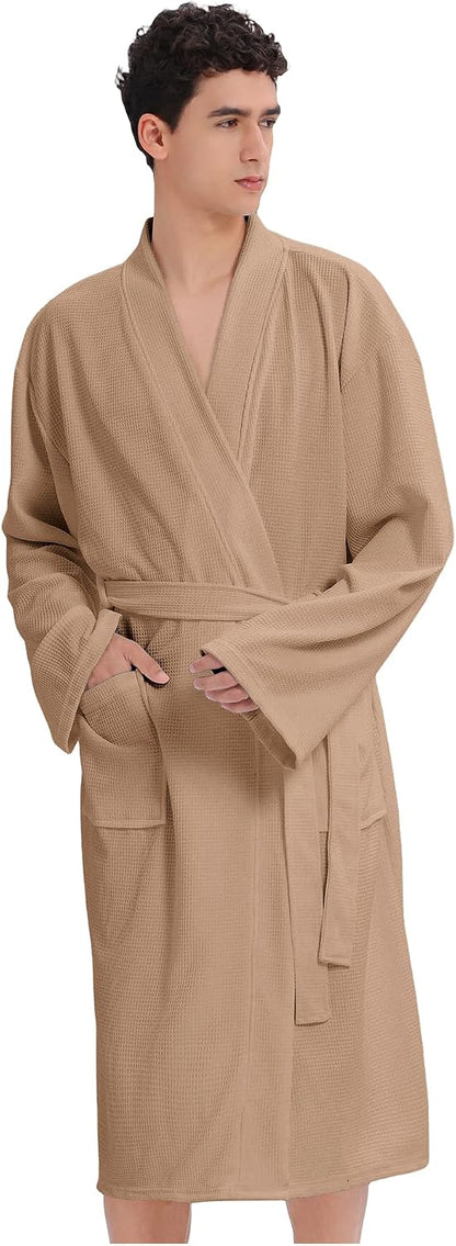 Mens Waffle Robe Spa Kimono Bathrobe Lightweight Shower Bath Robe Knee-Length Hotel Spa Robe