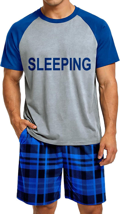 Mens Pajamas Set Summer Pjs Short Sleeve Sleep Set Soft Sleepwear 2 Piece Plaid Loungewear with Pockets M-2XL