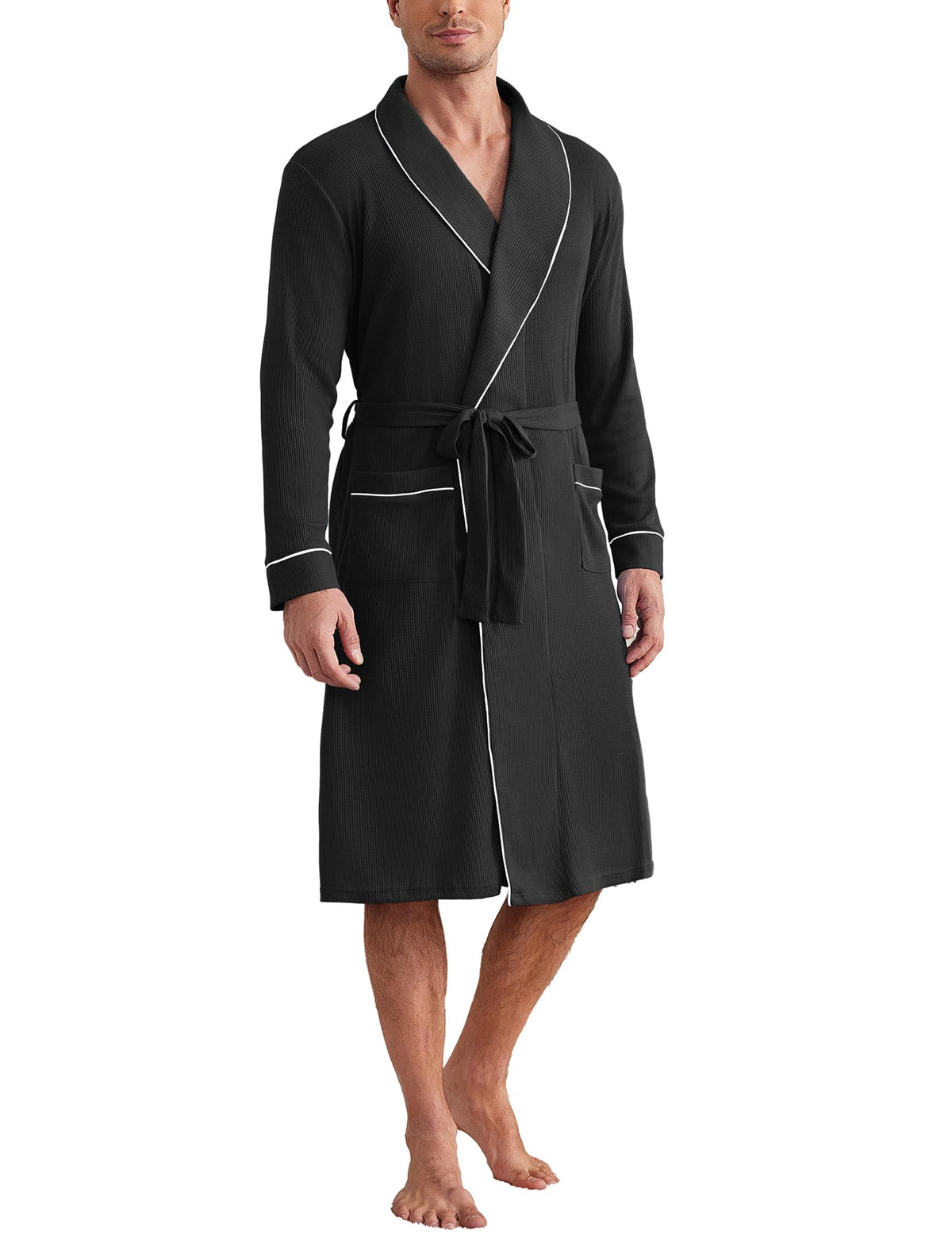 Ekouaer Mens Robes Lightweight Waffle Knit Kimono Bathrobe Long Sleeve Sleepwear Soft Knee Length Robe with Pockets
