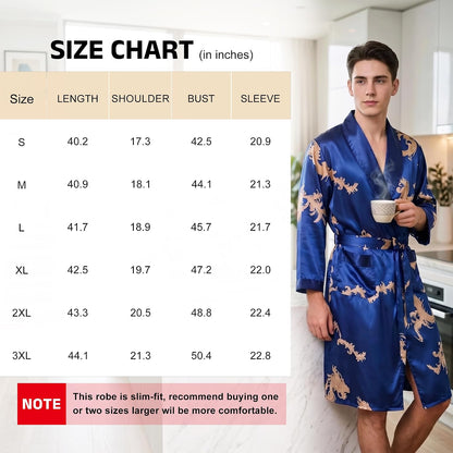 Haseil Men's Satin Robe Dragon Luxurious Silk Spa Long Sleeve House Kimono Bathrobe