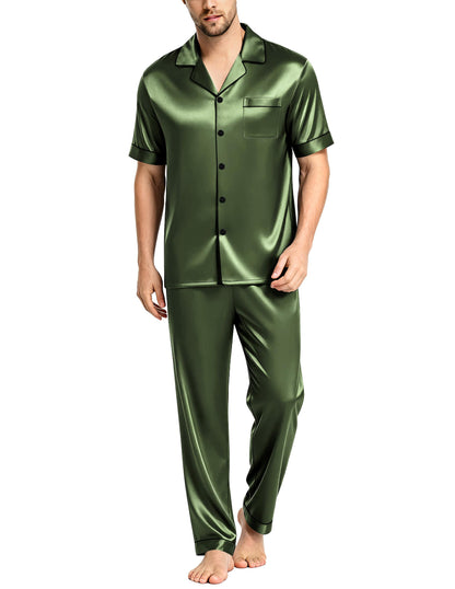 SWOMOG Mens Satin Pajama Set Short Sleeve Classic Sleepwear Button Down Silky Loungewear with Long Pants