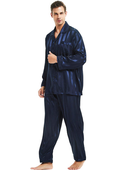 Lonxu Pajamas Set Mens Silk Satin Pajamas Long Sleeve Loungewear Two-Piece Sleepwear Button-Down Pj Set S-XXXXL