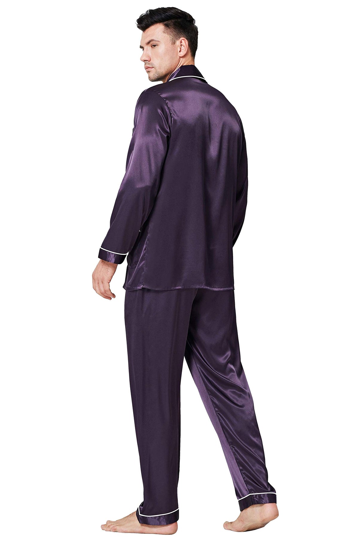 Lonxu Pajamas Set Mens Silk Satin Pajamas Long Sleeve Loungewear Two-Piece Sleepwear Button-Down Pj Set S-XXXXL