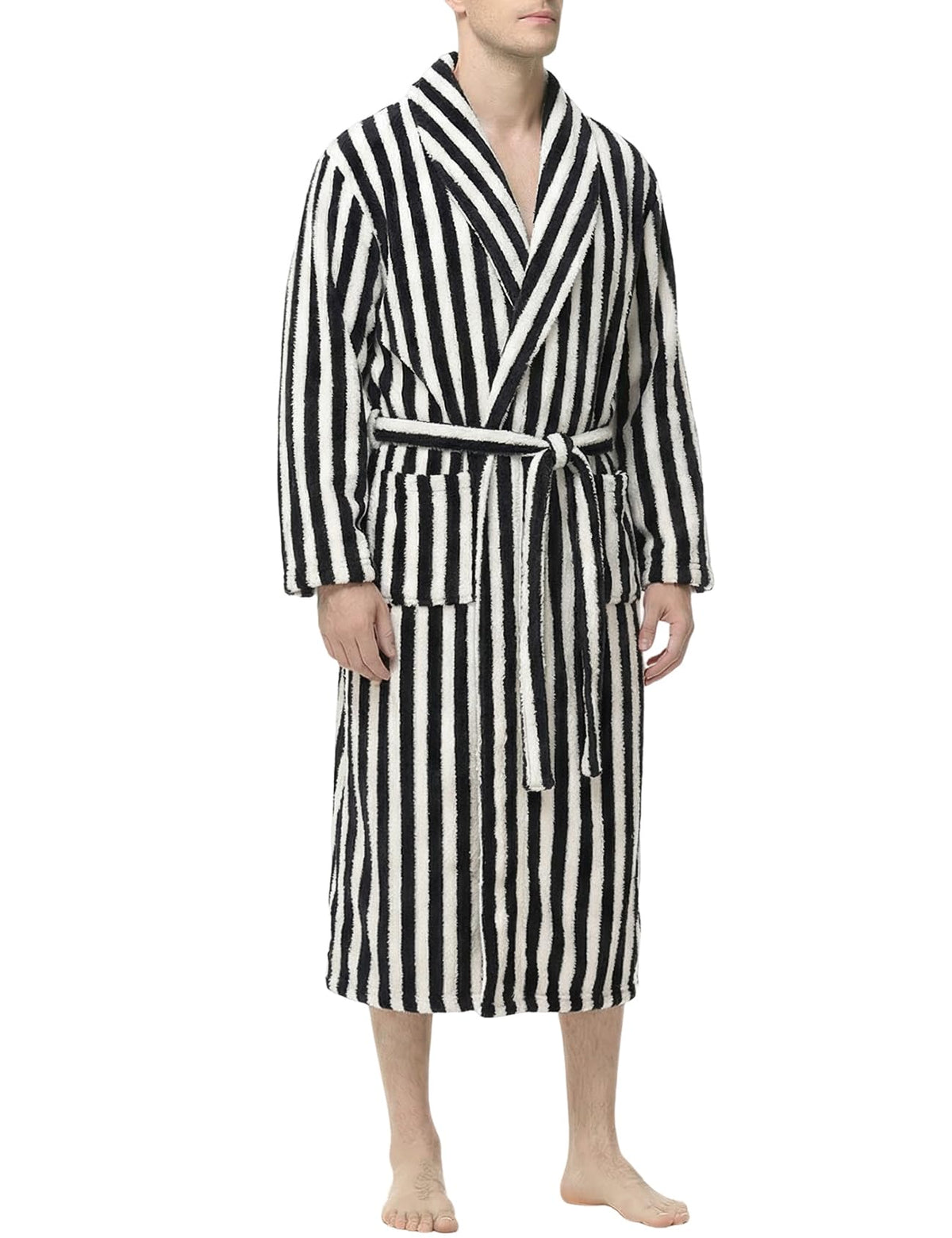 Gihuo Mens Striped Robe Long Fluffy Plush Bathrobe