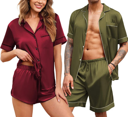Ekouaer Couple Matching Pajamas Sets Silk Satin Button Sleepwear S-XXL