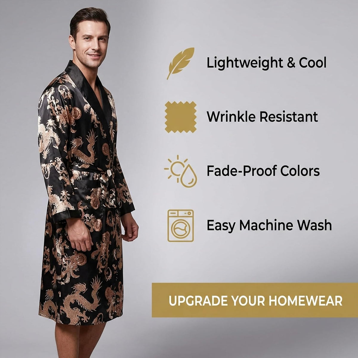 Men's Satin Robe Kimono Bathrobe Long Sleeve Spa Robe