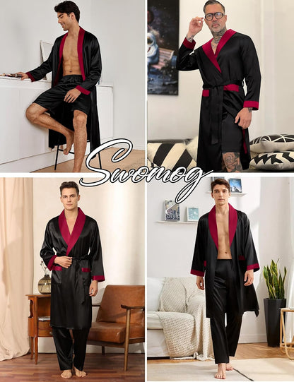 SWOMOG Men's 3 Pcs Robe Silk Satin Kimono Bathrobe with Shorts&Pants Set Lightweight Soft Sleepwear