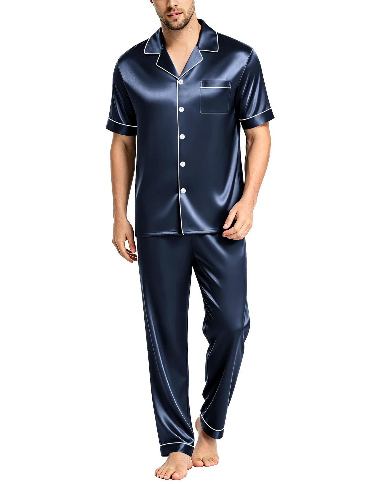 SWOMOG Mens Satin Pajama Set Short Sleeve Classic Sleepwear Button Down Silky Loungewear with Long Pants
