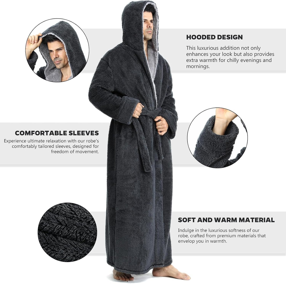 Hellomamma Mens Robe with Hood Plush Fleece Long Belted Bathrobes