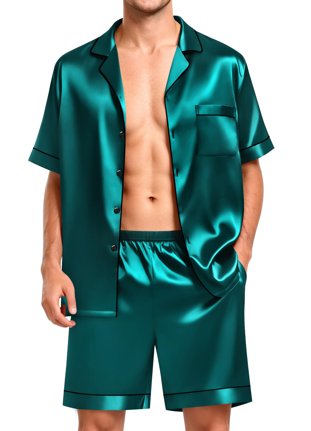 SWOMOG Men Satin Silk Pajamas Sets Short Sleeve Sleepwear Button-Down PJs Sets Two-Pieces Loungewear with Pockets