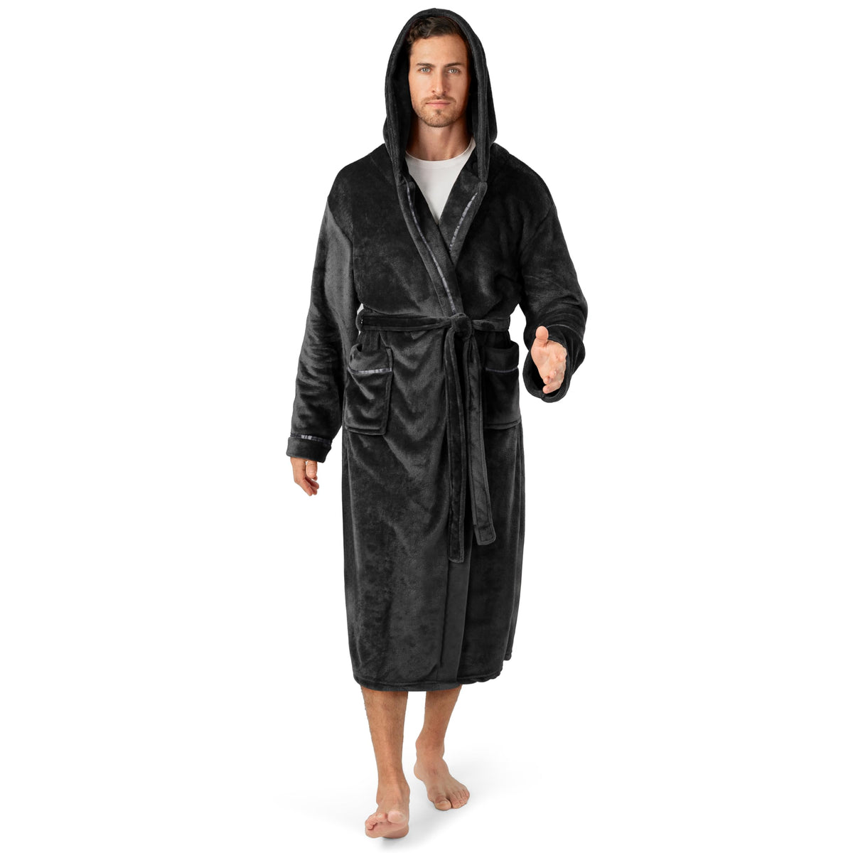 PAVILIA Mens Fleece Robe, Hooded Bathrobe with Shawl Collar, Pockets & Belt