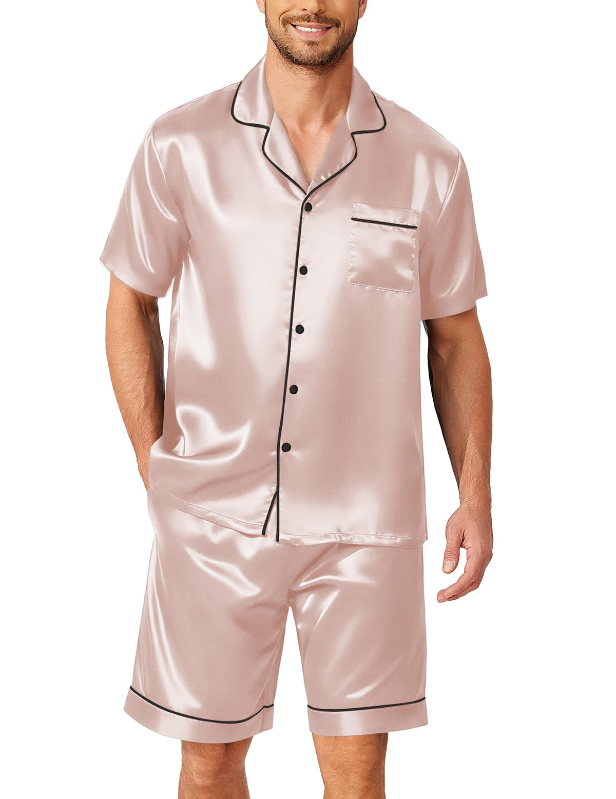 Ekouaer Mens Pajamas Set Silk Satin Pjs Short Sleeve Button Up Lounge Sets