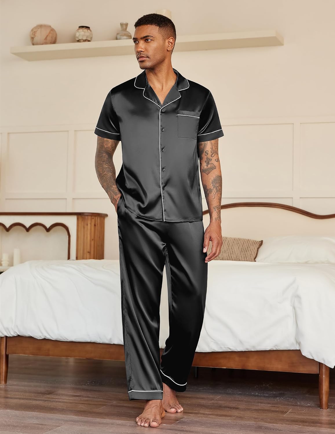 Ekouaer Mens Satin Pajama Set Short Sleeve Button Down Sleepwear with Pant