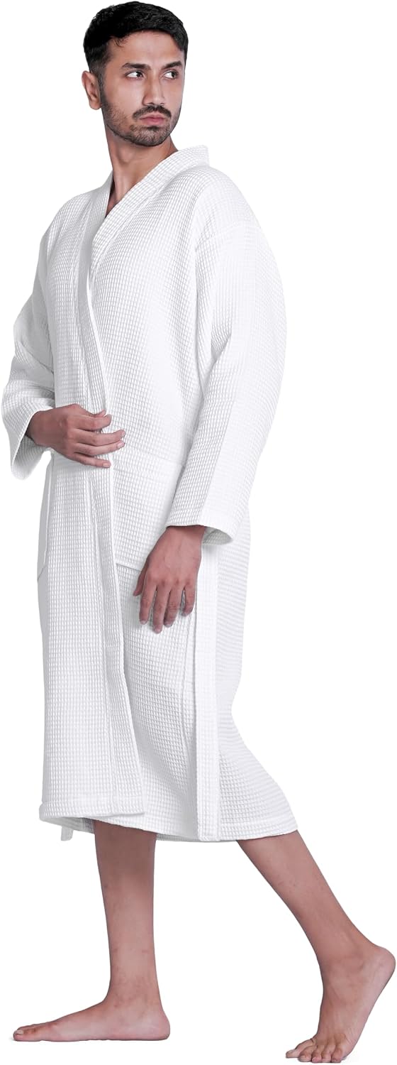 Looperry Unisex White Waffle Bathrobe (1 Piece) Luxurious & Lightweight Shower Robe in Organic Cotton Poly Blend