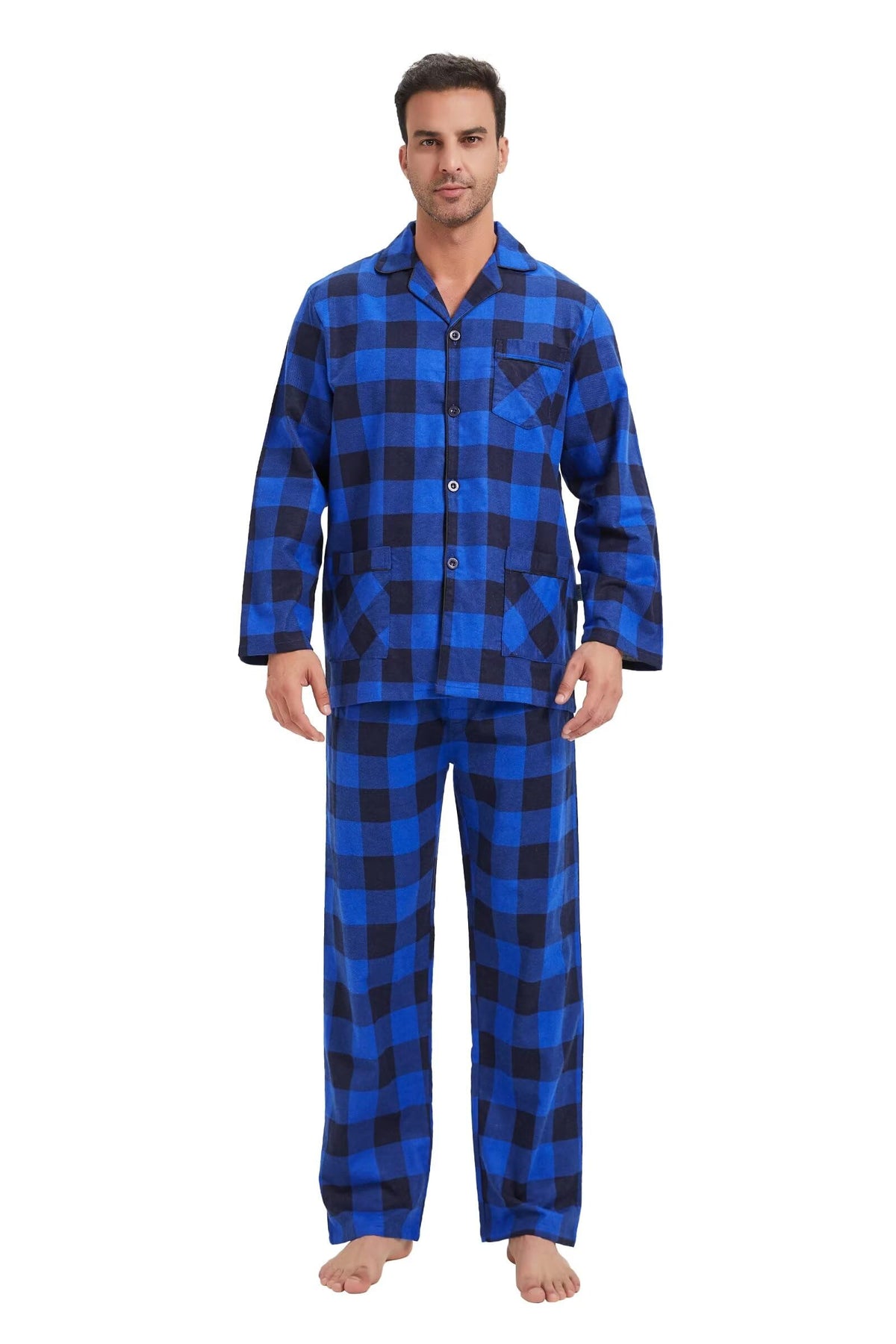 GLOBAL Men's Pajamas Sets 100% Cotton Flannel Sleepwear Long-Sleeve top & Bottom