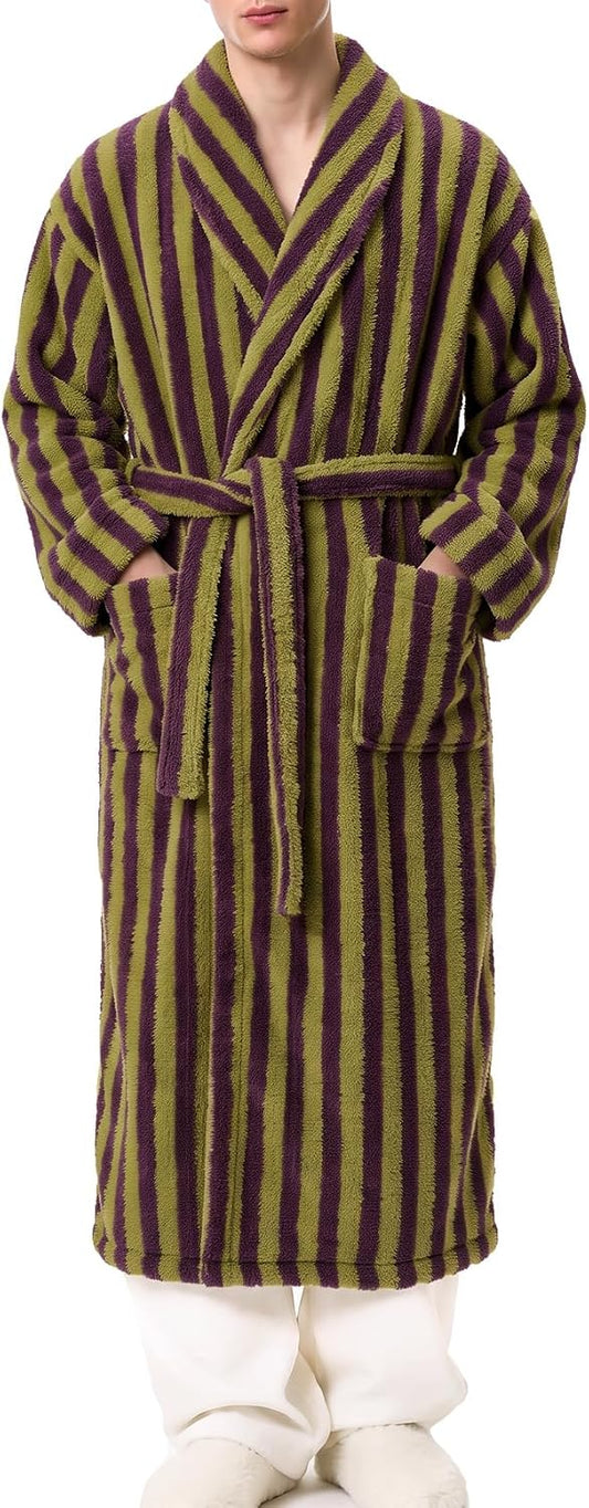 Gihuo Mens Striped Robe Long Fluffy Plush Bathrobe