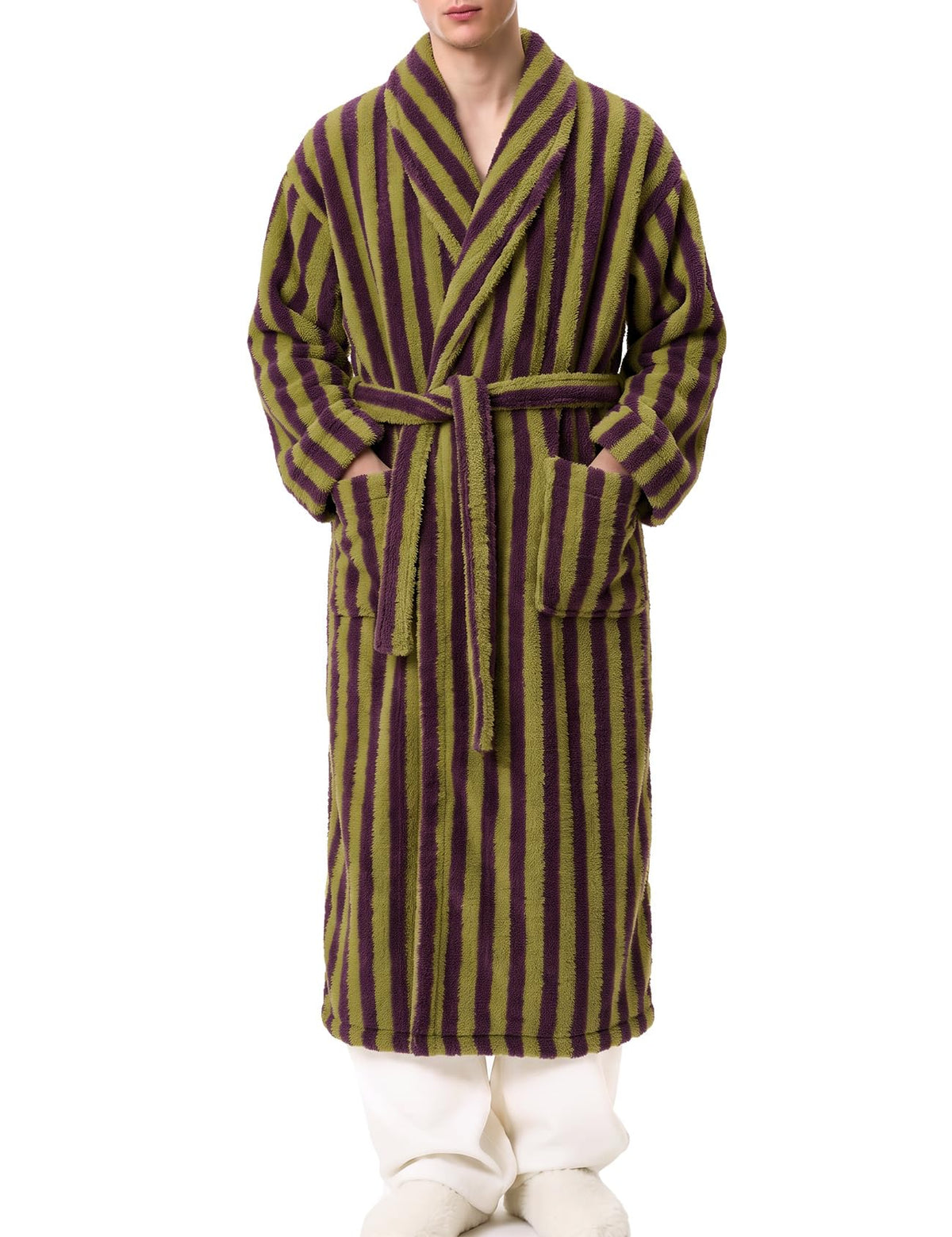 Gihuo Mens Striped Robe Long Fluffy Plush Bathrobe