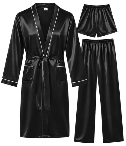 SWOMOG Mens 3 PCS Satin Robe with Pants & Shorts Set Kimono Bathrobe Long Sleeve Sleepwear Pjs Sets with Pockets