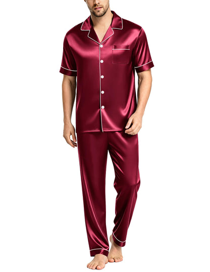 SWOMOG Mens Satin Pajama Set Short Sleeve Classic Sleepwear Button Down Silky Loungewear with Long Pants