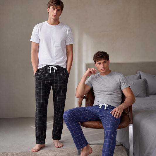 Vulcanodon Men's 100% Cotton Pajama Pants 2Pack, Plaid Sleep Pants