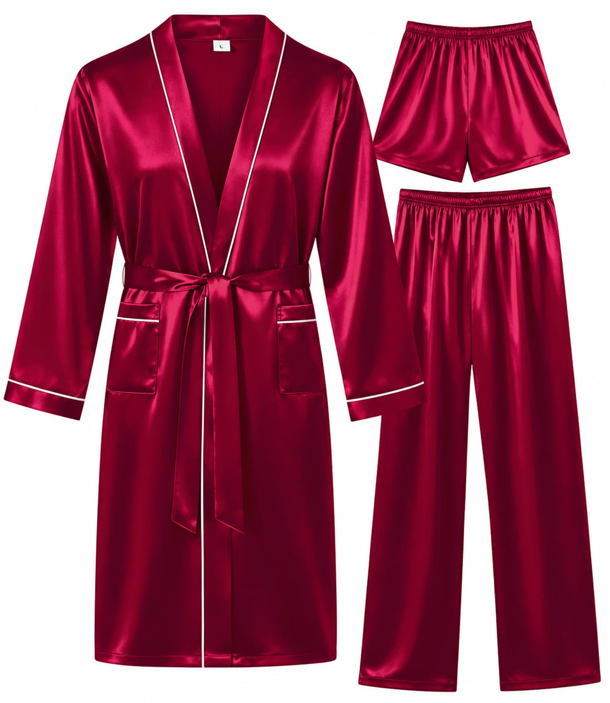 SWOMOG Mens 3 PCS Satin Robe with Pants & Shorts Set Kimono Bathrobe Long Sleeve Sleepwear Pjs Sets with Pockets