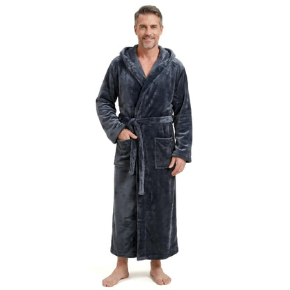 Cozy Plush Fleece Robe for Men, Big and Tall Hooded Long Robe, Warm Loungewear, Shawl Collar Pocketed Bathrobe