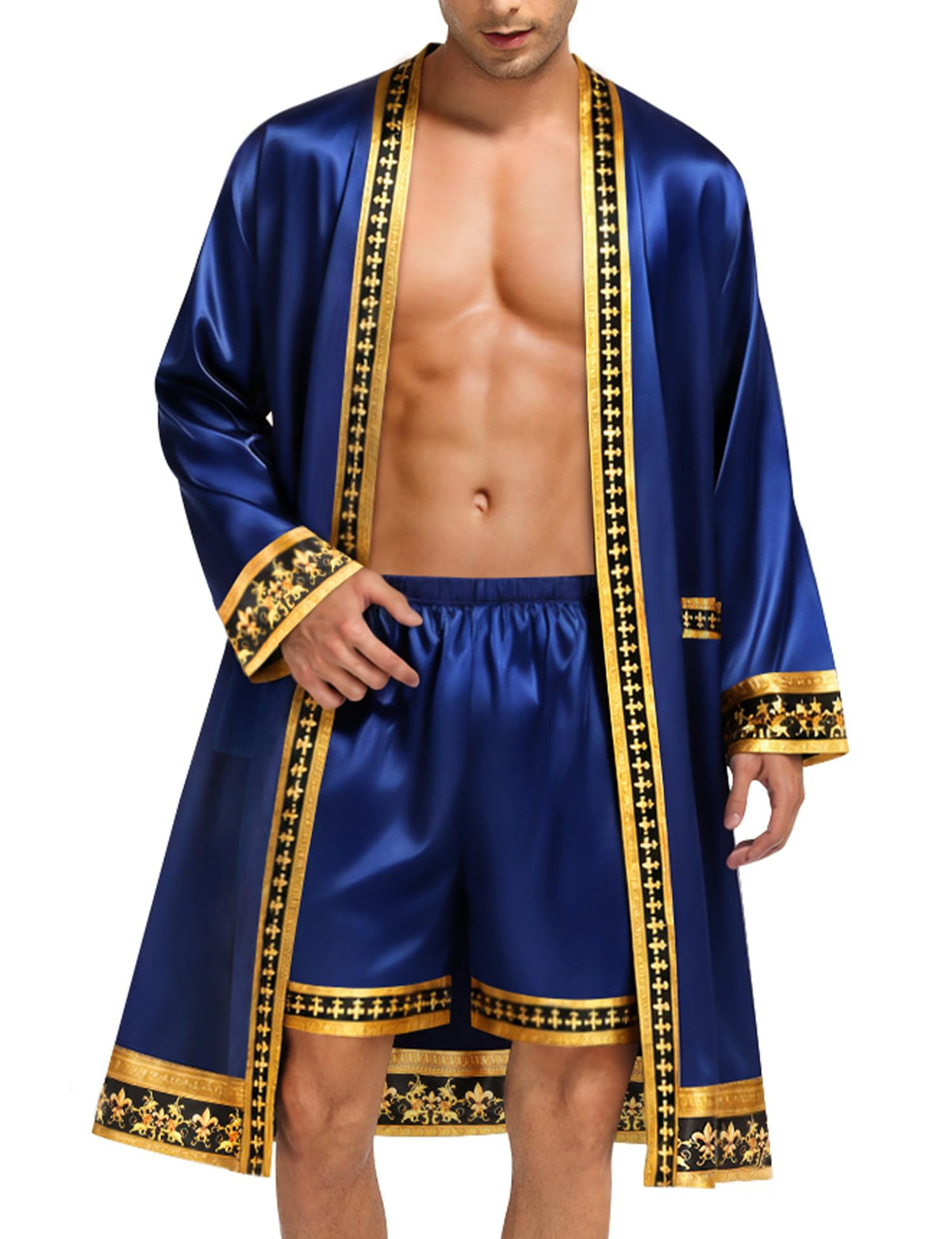 SWOMOG Men's Satin Robe with Shorts Set Silky Kimono Bathrobe Opulent Baroque Robes Lightweight Luxury Sleepwear