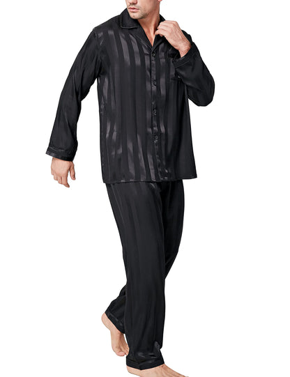 Lonxu Pajamas Set Mens Silk Satin Pajamas Long Sleeve Loungewear Two-Piece Sleepwear Button-Down Pj Set S-XXXXL
