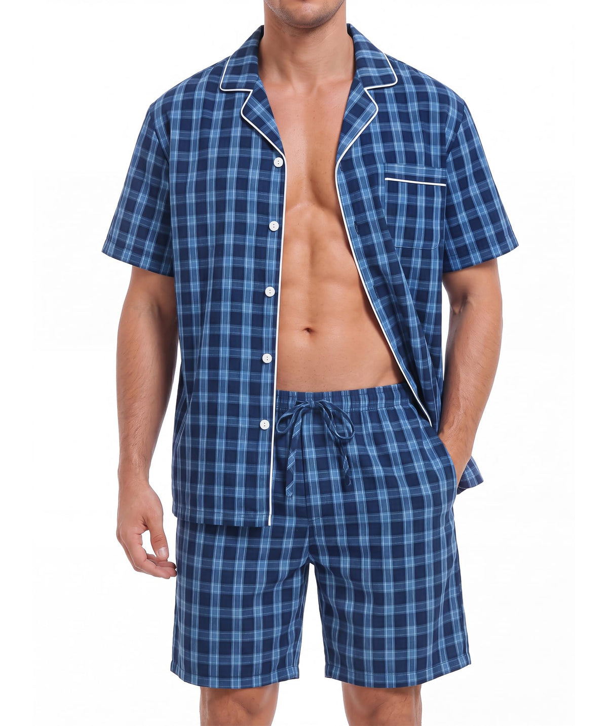 SWOMOG Mens 100% Cotton Pajama Set 2Pcs Button Down Pjs Set Short Sleeve Sleepwear with Pocket Soft Summer Stripe Nightwear