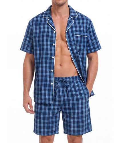 SWOMOG Mens 100% Cotton Pajama Set 2Pcs Button Down Pjs Set Short Sleeve Sleepwear with Pocket Soft Summer Stripe Nightwear