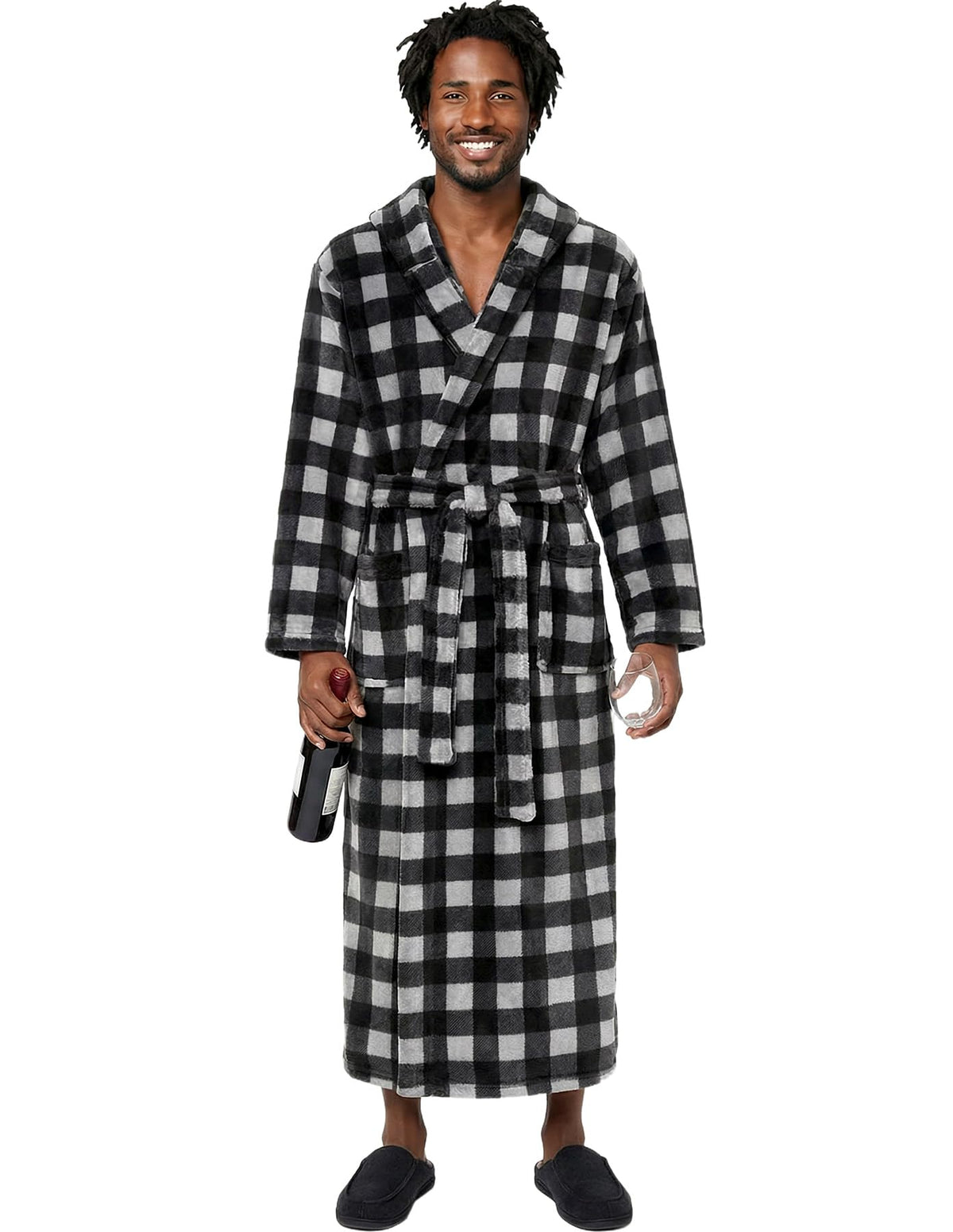 Men's Plush Fleece Hooded Robe with Pockets, Long Bathrobe