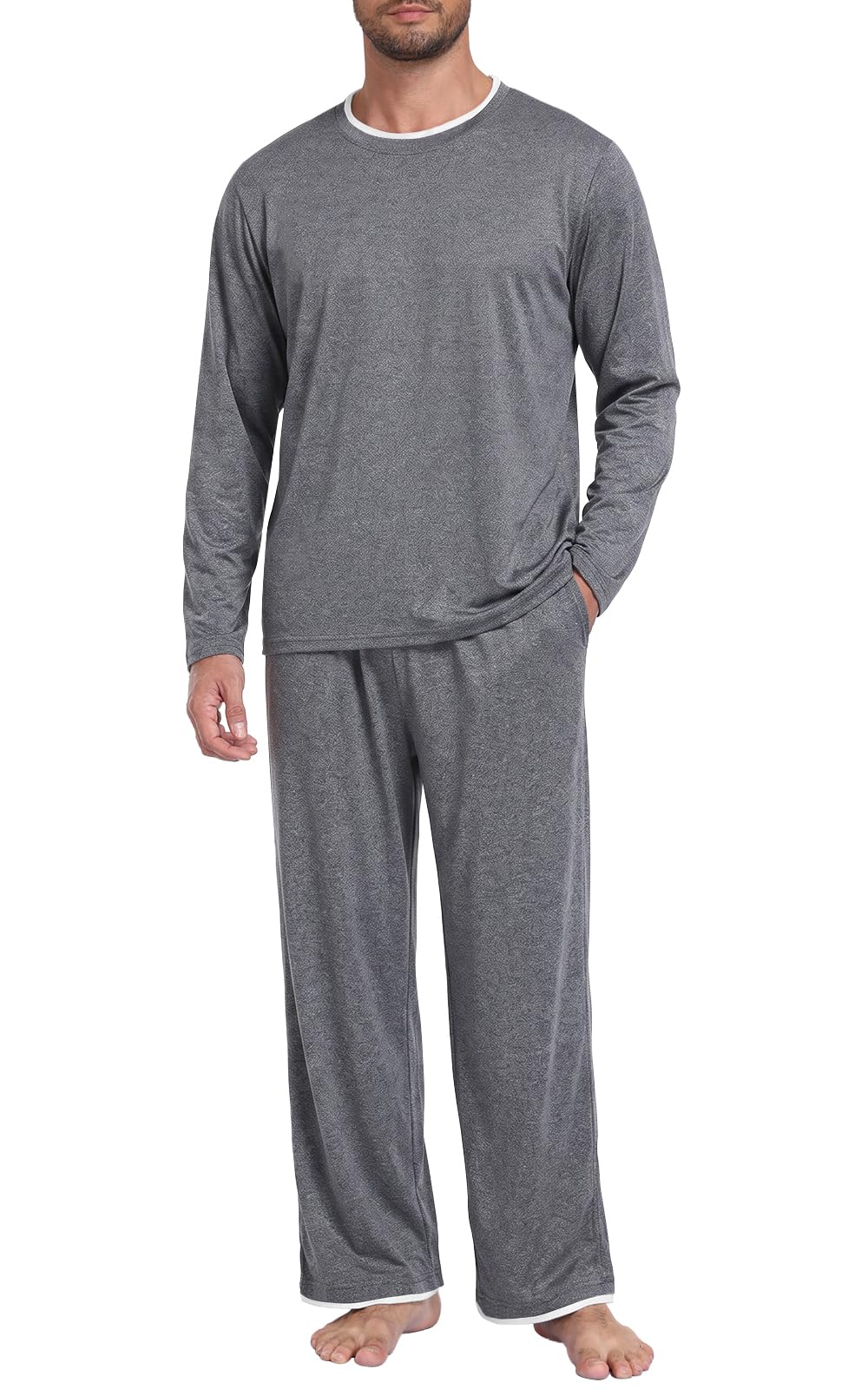 Mens Pajama Set Long Sleeve Pjs Lightweight Sleepwear with Pocket
