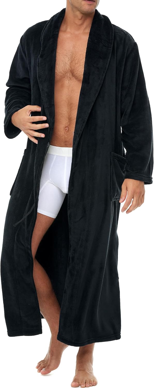 Men's Plush Fleece Robe, Warm Full Length Bathrobe, Big & Tall