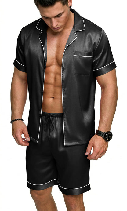 Ekouaer Mens Silk Satin Pajamas Set Short Sleeve Button Up Lounge Pjs Set