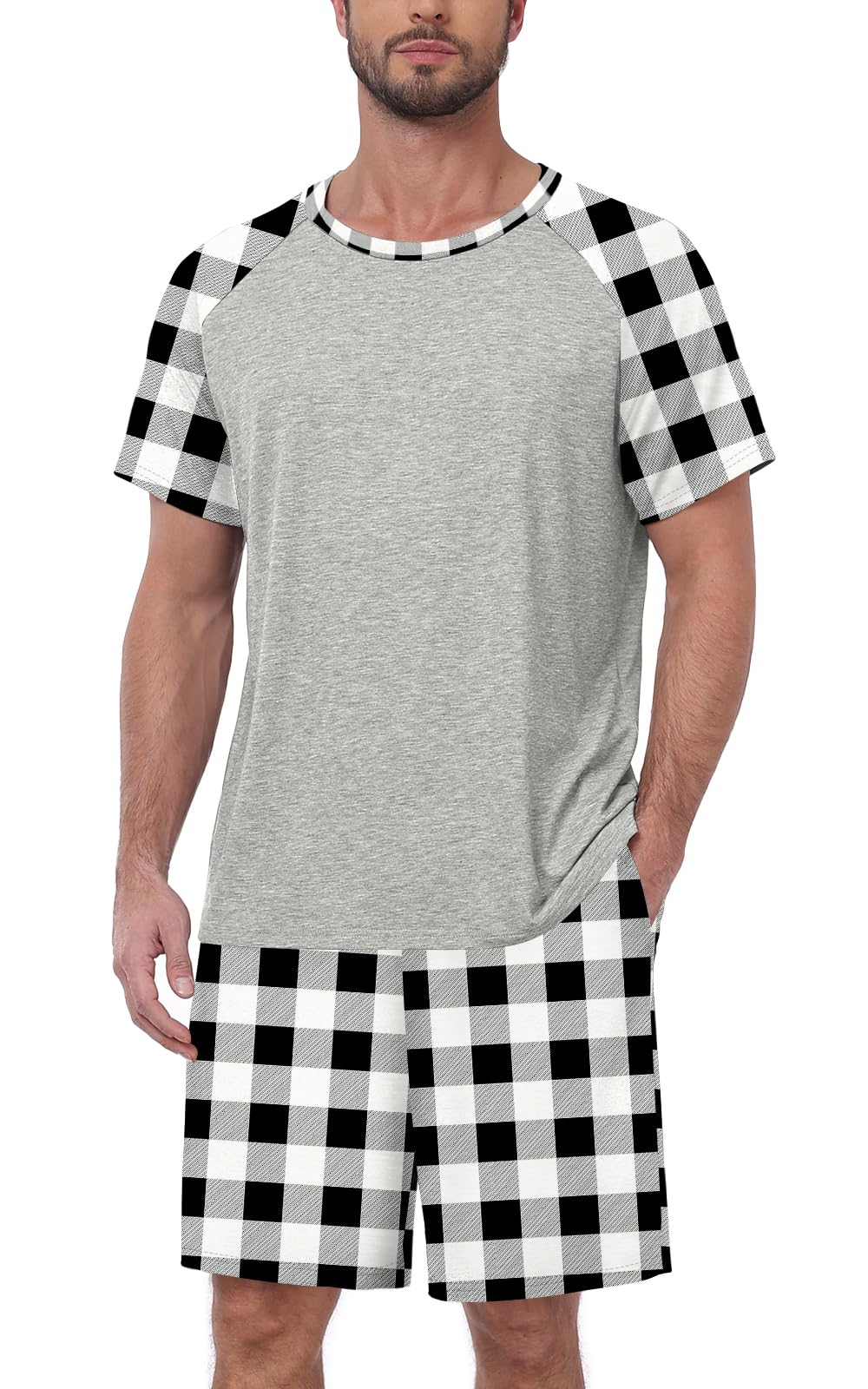 MLXSJ Mens Pajama Set Summer Pjs Sleepwear Soft Sleep Set With Pocket S-3XL