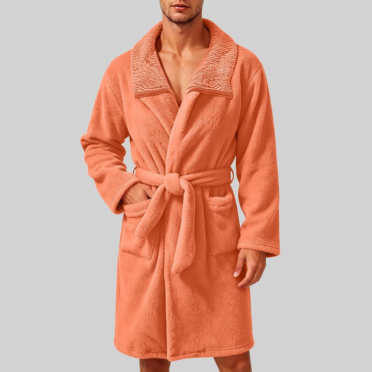 Robe for Men Fuzzy Fleece Collared Long Sleeve Thermal Bathrobe