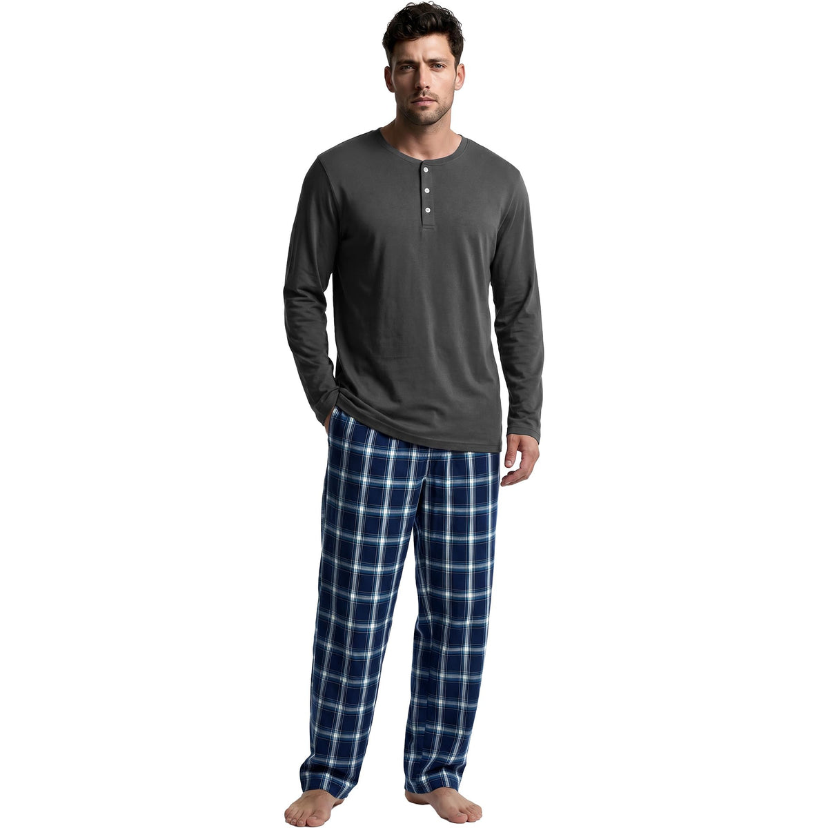 Vulcanodon Mens 100% Cotton Pajamas Set Cozy 2 Piece with Plaid Pants Pjs