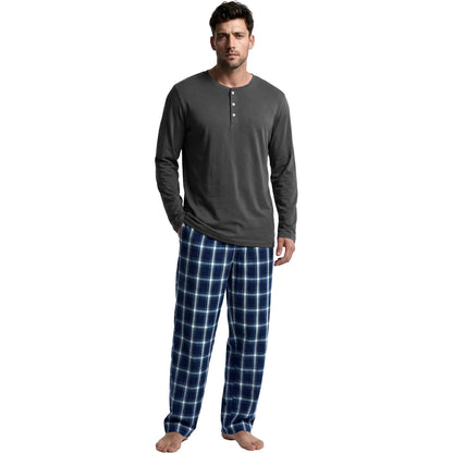 Vulcanodon Mens 100% Cotton Pajamas Set Cozy 2 Piece with Plaid Pants Pjs