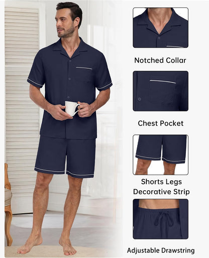 PrinStory Men's Pajamas Set Sleepwear Pjs Lightweight Short Sleeve Pajama 2 Piece Comfy Loungewear with Pockets S-2XL