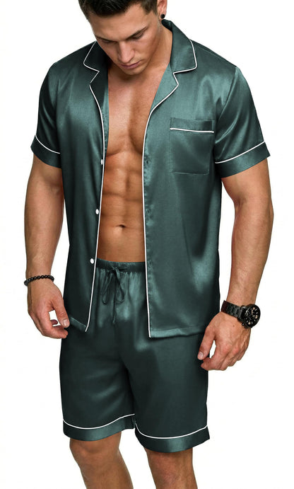 Ekouaer Mens Silk Satin Pajamas Set Short Sleeve Button Up Lounge Pjs Set