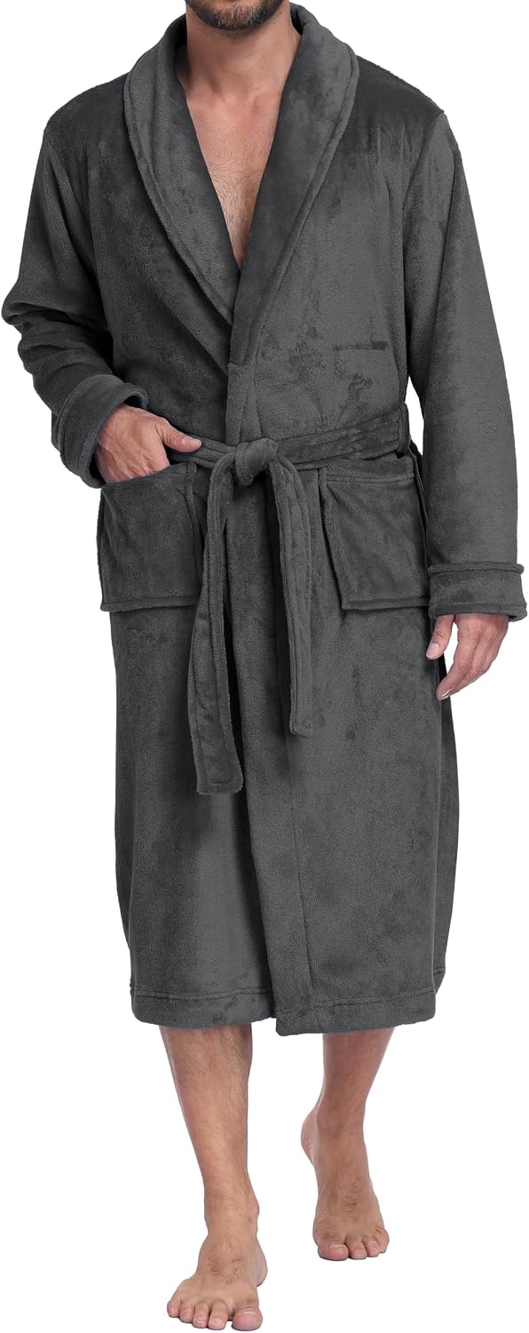PrinStory Mens Robe Plush Fleece Soft Warm Long Fluffy Bathrobe