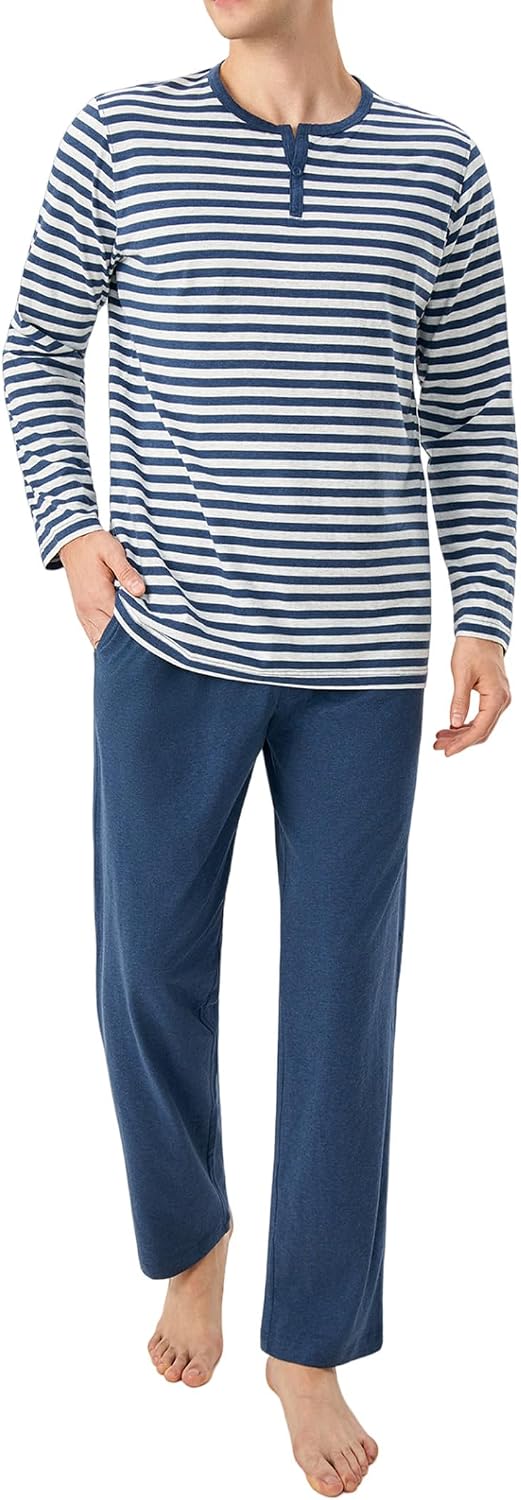 DAVID ARCHY Men's Pajamas Set 100% Combed Cotton Henley Loungewear Relaxed Fit Sleepwear with Pockets