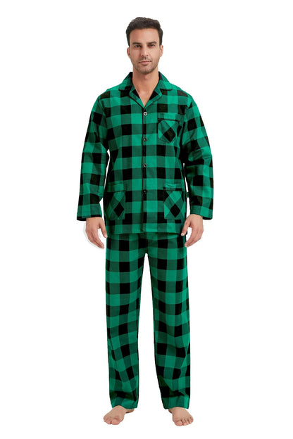 GLOBAL Men's Pajamas Sets 100% Cotton Flannel Sleepwear Long-Sleeve top & Bottom