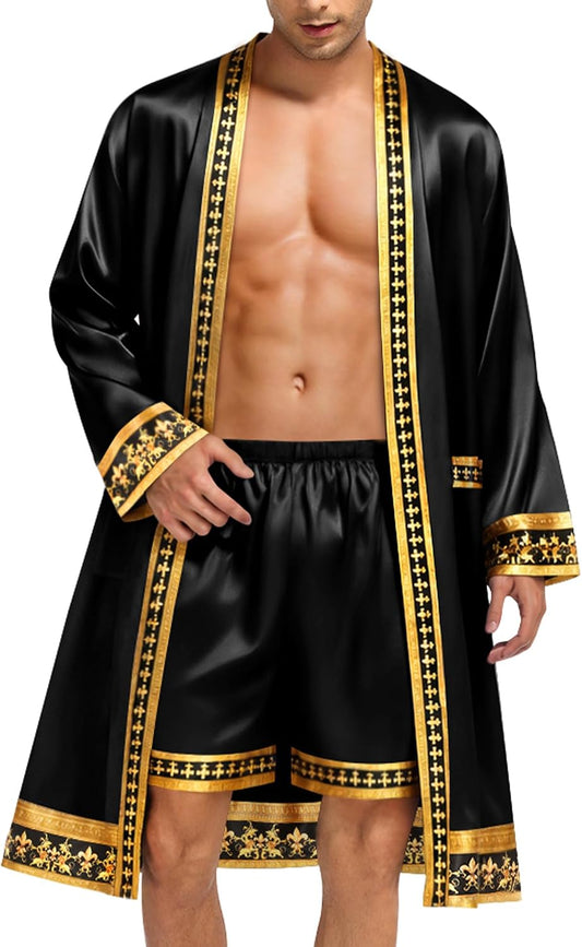 SWOMOG Men's Satin Robe with Shorts Set Silky Kimono Bathrobe Opulent Baroque Robes Lightweight Luxury Sleepwear