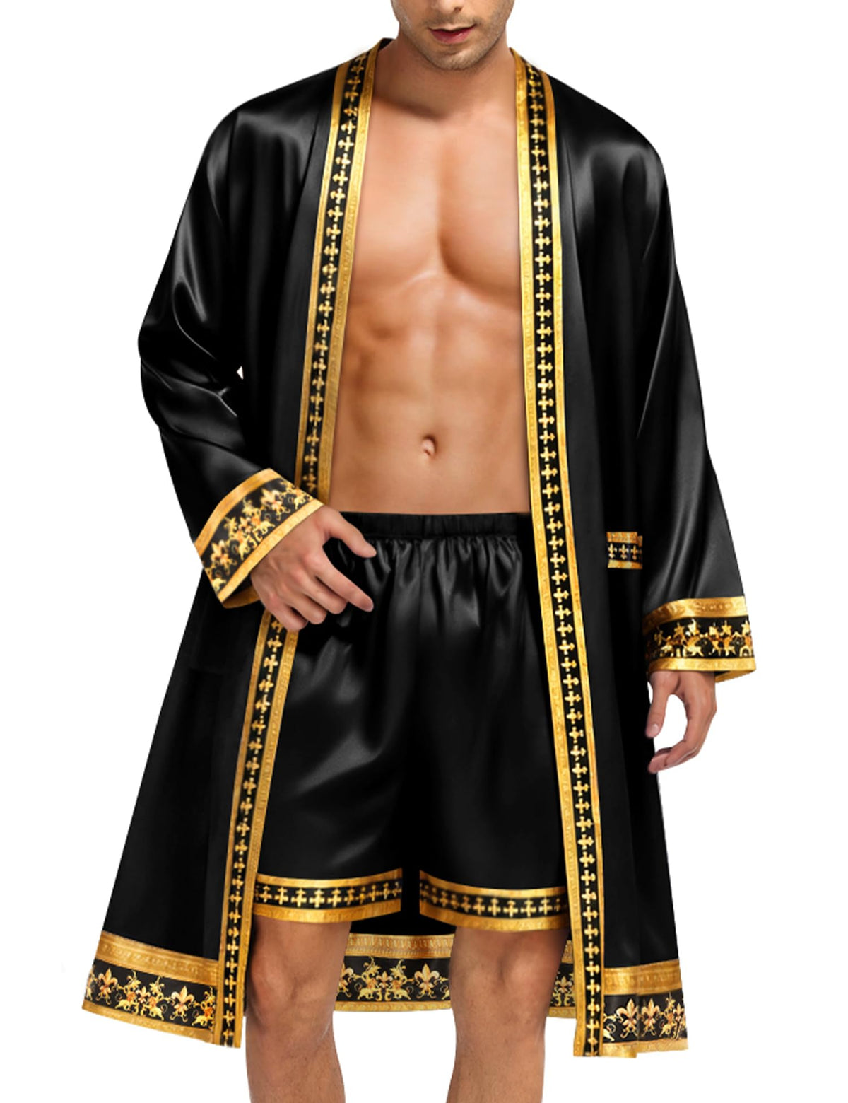 SWOMOG Men's Satin Robe with Shorts Set Silky Kimono Bathrobe Opulent Baroque Robes Lightweight Luxury Sleepwear