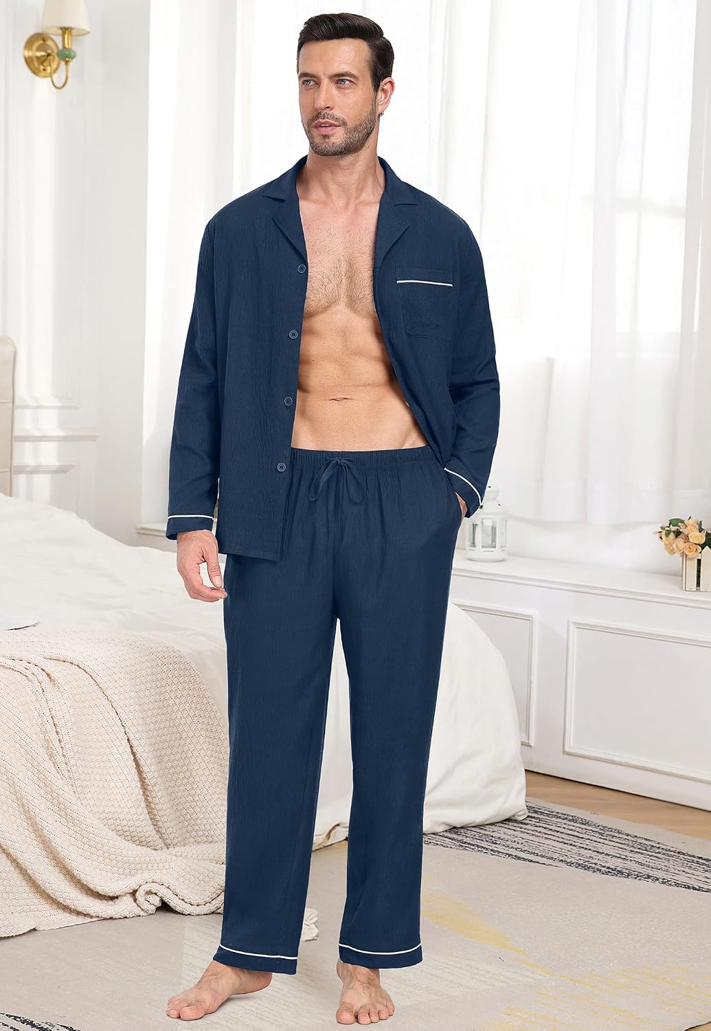 PrinStory Men's Pajamas Set Long Sleeve Button Down Sleepwear Pjs S-2XL