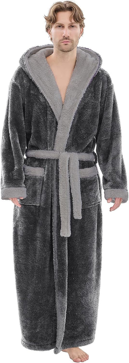 PJGGZ Mens Plush Robes Full Length, Big and Tall Fleece Hooded Bathrobe Warm Fluffy Cozy Winter Housecoat Floor Length