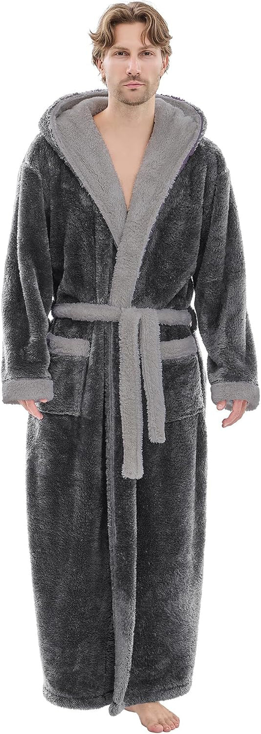PJGGZ Mens Plush Robes Full Length, Big and Tall Fleece Hooded Bathrobe Warm Fluffy Cozy Winter Housecoat Floor Length
