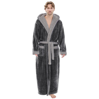 PJGGZ Mens Plush Robes Full Length, Big and Tall Fleece Hooded Bathrobe Warm Fluffy Cozy Winter Housecoat Floor Length